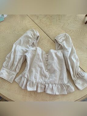 Studio F Long Puff Sleeves Corset Peplum Cream Beige Top XS